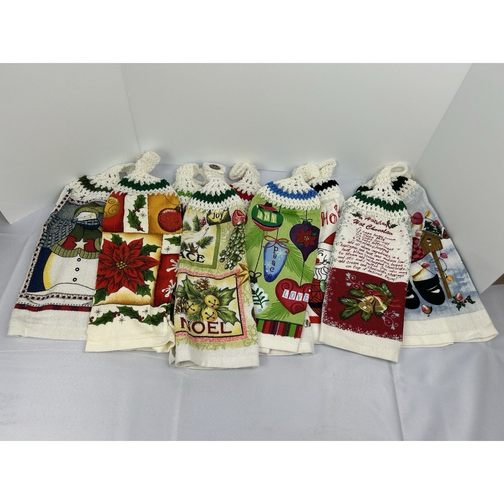 2008 Christmas Kitchen Towels Set 9 Crochet Top Holiday Santa Snowman Cute